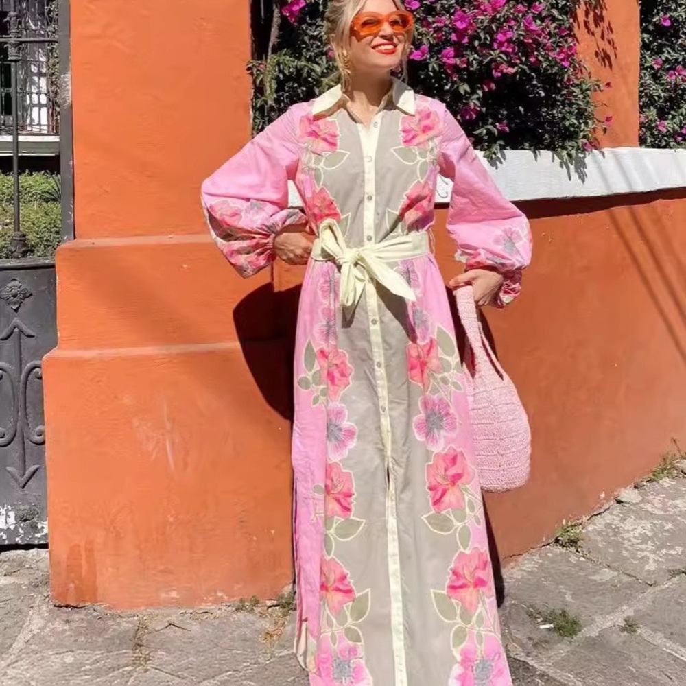 Zimmermann Pink Floral Long Shirt Dress with Tie Waist